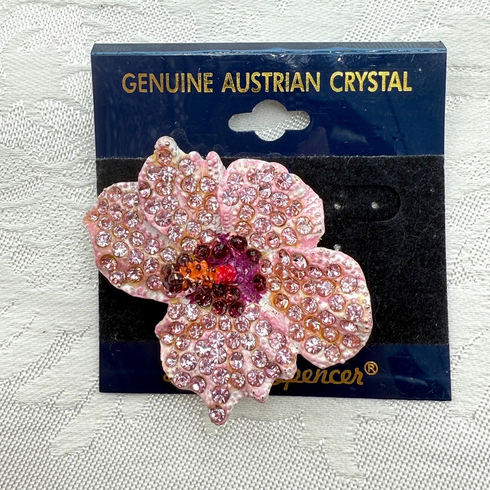 Vintage Lauren Spencer Pink Austrian Crystal Rhinestone Floral Flower Brooch